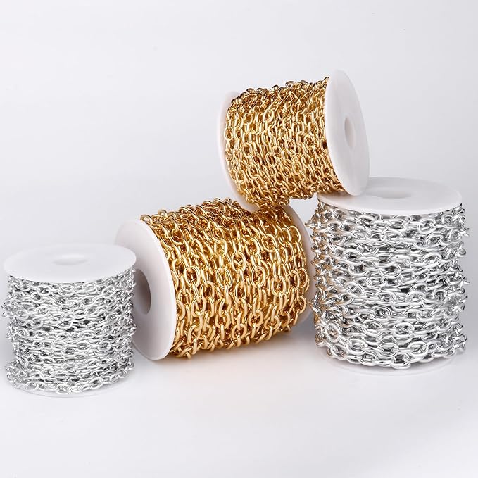 33 Feet Gold Rolo Cable Chains Roll, 7.5 MM Gold Plated Aluminium Oval Cable O Links Chain Bulk Spool for Jewelry Making DIY Craft