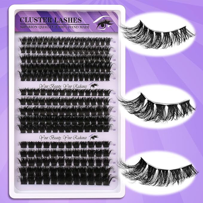 Lash Clusters 3 Densities (100D/150D/200D) Mixed Length 10-18mm DIY Eyelash Extensions Kit 210 Clusters Handmade Soft Lashes with Glue Sealant Remover & Tweezers Sensitive Eye Friendly for Daily