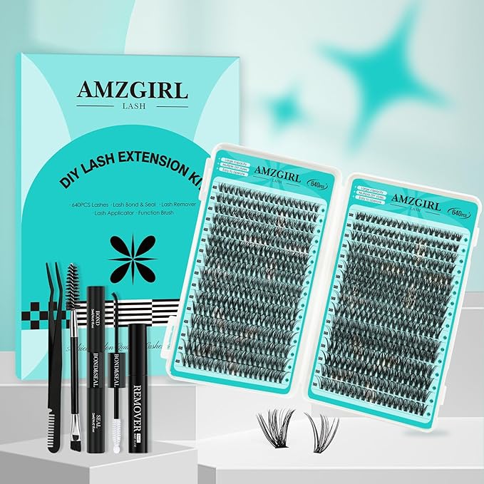 Lash Clusters Kit 640Pcs, 40D+50D Eyelash Extension Kit, Lash Bond and Seal Waterproof, Lash Remover, Lash Applicator Tool and Function Brush for DIY Eyelash Cluster Kit(D-Mix9-16mm Kit)
