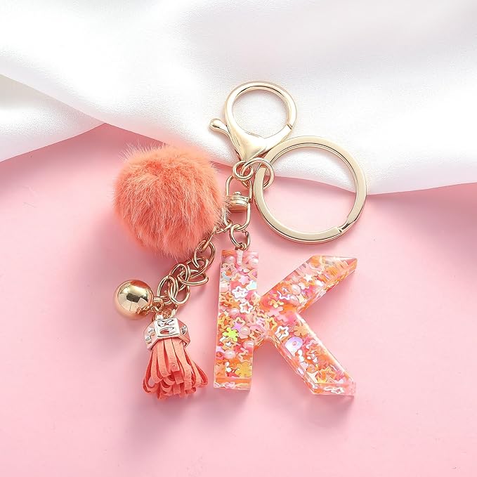 Resin Alphabet Initial Letter Keychain Keyring for Women Purse Handbags With Fur Ball Pom