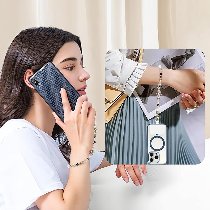Marble Beaded Phone Wrist Strap,Detachable Phone Bracelet Strap with Tether Tab,Hands-Free Wristlet Strap (Khaki)