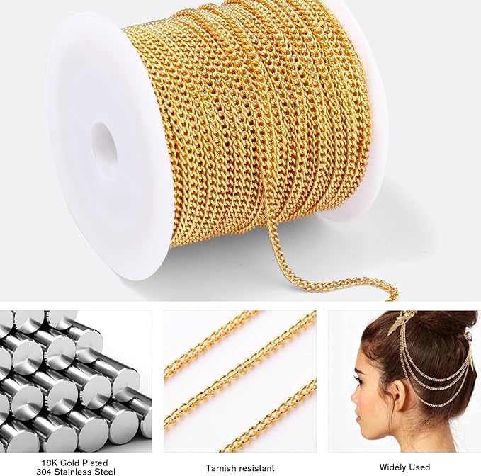 66 Feet 18K Gold Plated Curb Chains Roll, 1.5 mm 304 Stainless Steel Gold Flat Twisted Links Chains Bulk Spool for Jewelry Making DIY Craft