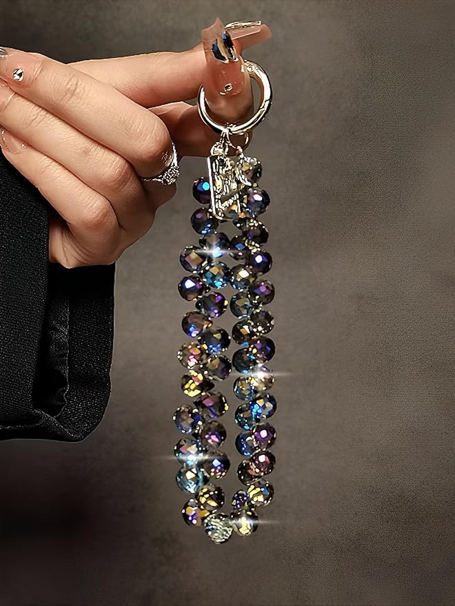 Crystal Phone Wrist Strap Phone Charm Chain Keychain Beaded Cellphone Lanyard with Tether Tab Hands-Free Wristlet Bracelet Wrist Grip Strap for Women, D-Dark Purple