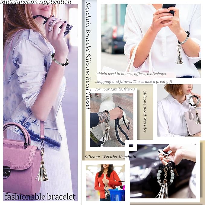 BIHRTC Key Ring Bracelet Car Keychain Holder Wristlet Silicone Women Beaded Bangle Chains