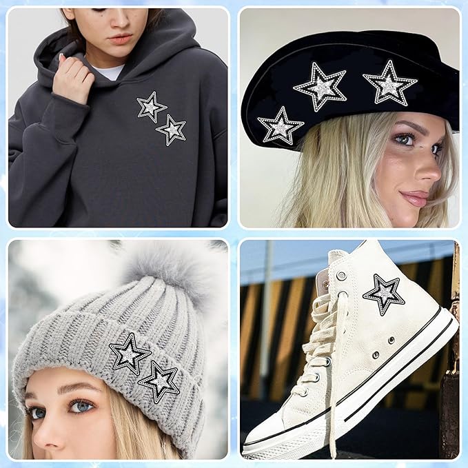 10Pcs Iron on Star Patches - Rhinestone Black Glitter Stars for Hats, Clothes, Backpacks, Costume