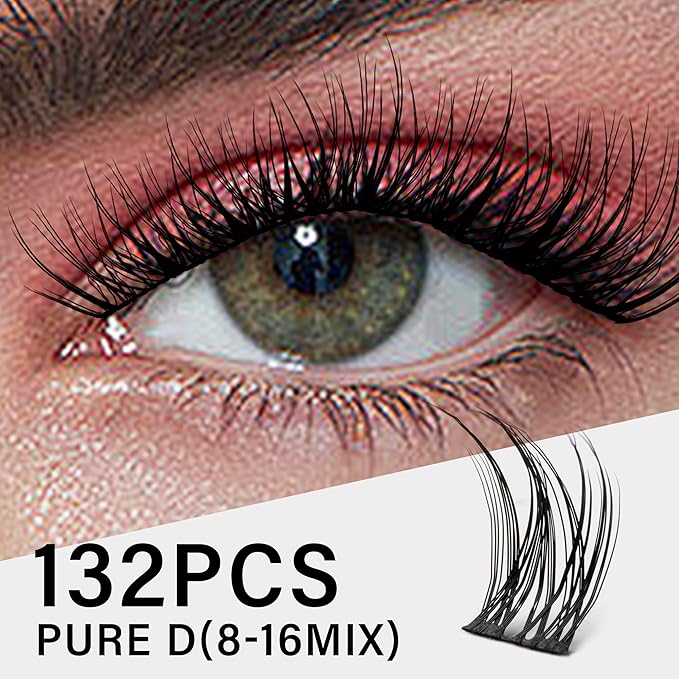 VYRILA Lash Clusters 8-16mm, False Eyelashes 132pcs, Cluster Eyelash Extensions Matte Black Soft, Diy Lash Extensions D Curl Natural Lash Clusters Faux Mink Lashes Wispy๏ผPure,132pcs,0.07,D,8-16MIX)