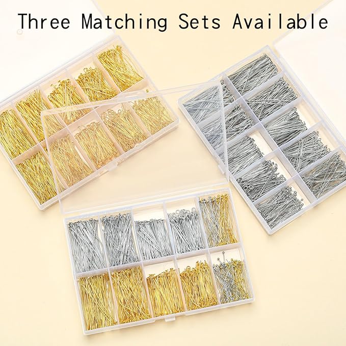 SONGIN 1085pcs Eye Pins and Flat Head Pins for Jewelry Making, Metal Eyepins, Headpins & Ball Head Pins for DIY Earrings, Necklaces, Bracelets, Pendants Jewelry Supplies(Silver)