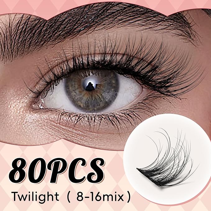 VYRILA Lash Clusters 0.05mm PBT Fiber Eyelash Clusters, 0.1mm Superfine Invisiband D Curl Diy Lash Extension, 80pcs 8-16mm Individual Lashes Clusters Like Eyelash Extensions (Twilight-D-8-16Mix)