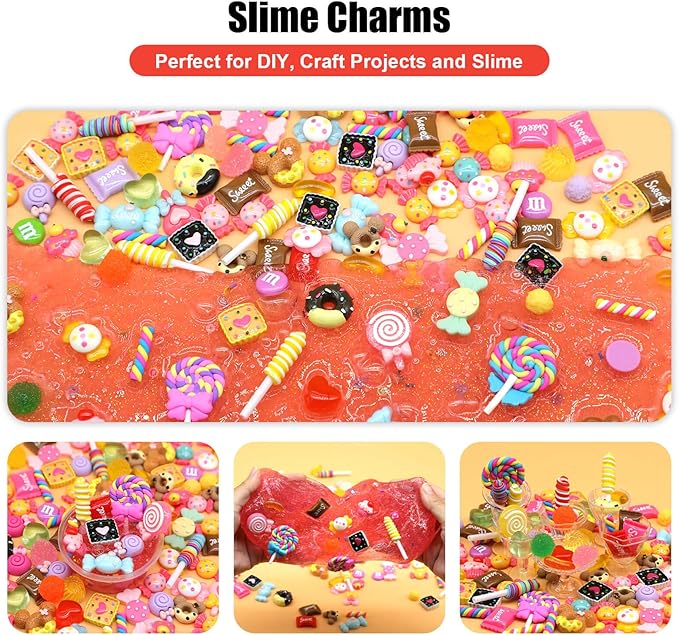 FENGWANGLI 50Pcs Cute Candy Slime Charms,Assorted Kawaii Resin Fake Candy Charms for Crafts,Mini Decoden Flatback Embellishments for Phone Junk Cases,Hairpins,Scrapbooking Crafting & DIY Decor