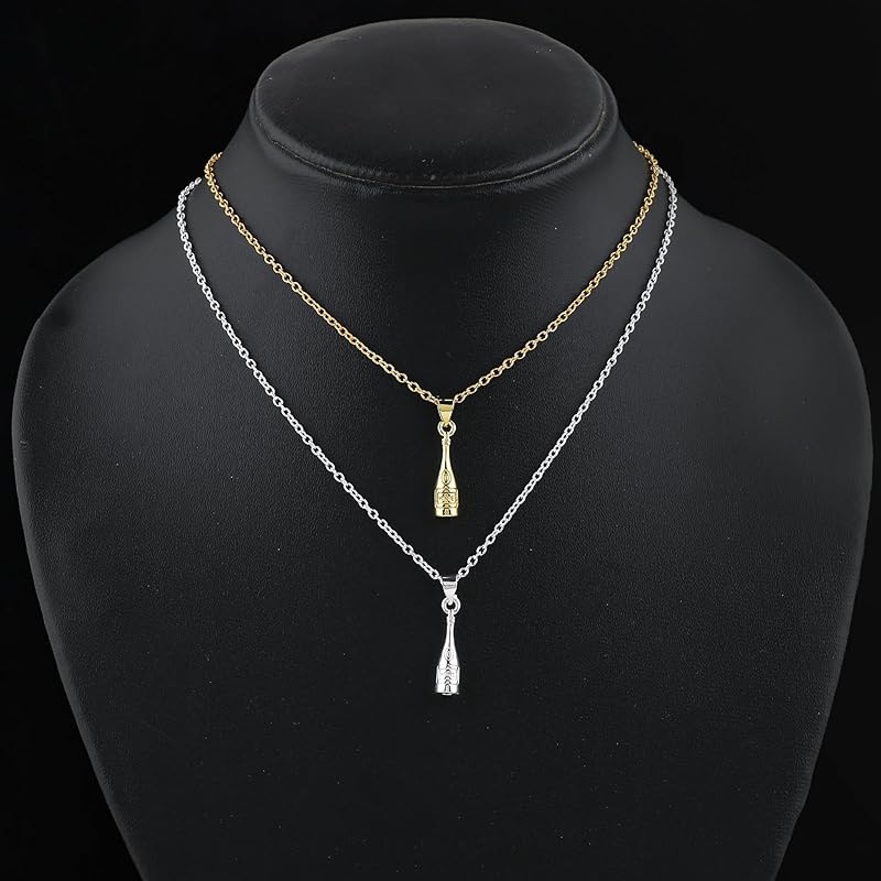 JOR Wine Bottle Charm Pendant Necklace, Men & Women Unisex Jewelry, Dainty Gold & Silver Plated Combo Chain 18 inch (Pack of 2)