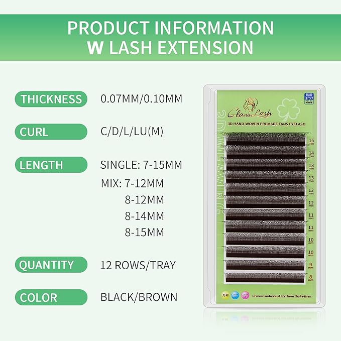 GLAMLASH W Eyelash Extensions 3D Volume Premade Fan Natural Soft Matte Lash Professional Salon Supplies (3D,0.07,C,8-12mm,Brown)