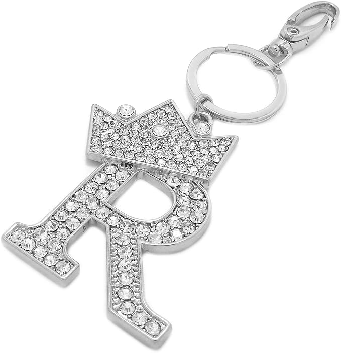 CBC Crown Crystal Rhinestone Letter Initial Keychain, Gold Metal, Bag Charm with Key Ring Approx. 2.17" x 2.56"