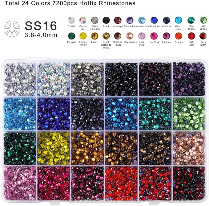 BEADSLAND Hotfix Rhinestones Mixed 24 Colors, SS16 Rhinestones for Crafts Clothes, Hotfix Crystals with 1 Tweezers, 1 Wax Pencil and 1 Spoon