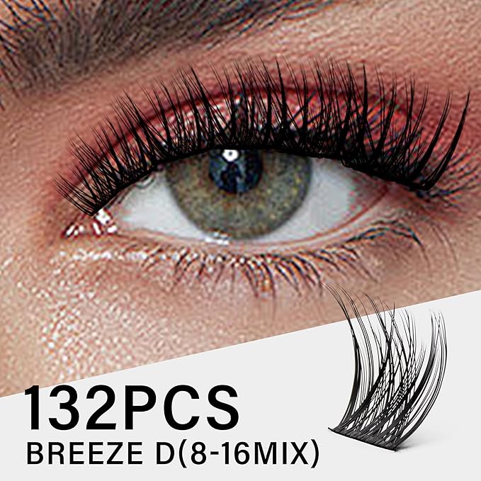 VYRILA Lash Clusters 8-16mm, False Eyelashes 132pcs, Cluster Eyelash Extensions Matte Black Soft, Diy Lash Extensions D Curl Natural Lash Clusters Faux Mink Lashes Wispy๏ผBreeze,132pcs,0.07,D,8-16MIX)