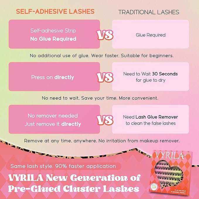 VYRILA Self Adhesive Lash Clusters Kit, D Curl Wispy Pre Glued Lash Extensions with Tweezers, Reusable 0.1mm Ultra Thin Band Natural Eyelashes, Easy Apply Eyelash Clusters for Beginners(PG-ZE05)