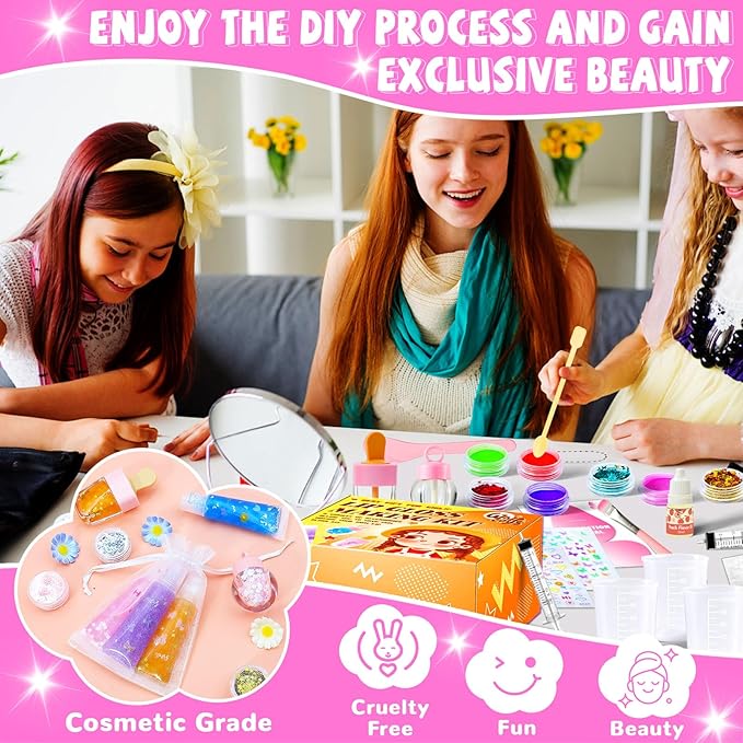 WhizToys DIY Lip Gloss Making Kit,Make Your Own Lip Glosses Set,10-12 Teen Girl Gifts for Makeup Lover Beginner,Tween Girls Trendy Stuff,200ml Lipgloss Base