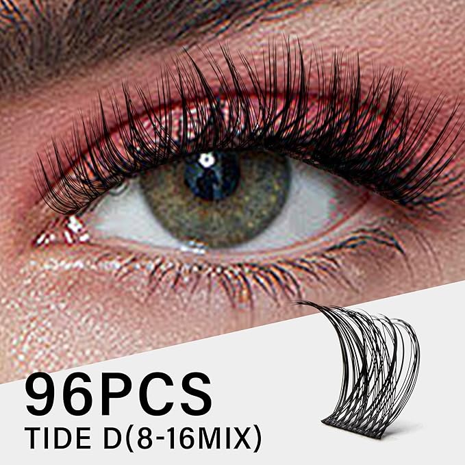 VYRILA Lash Clusters 8-16mm, False Eyelashes 96pcs, Cluster Eyelash Extensions Matte Black Soft, Diy Lash Extensions D Curl Natural Lash Clusters Faux Mink Lashes Wispy๏ผTide,96pcs,0.07,D,8-16MIX)