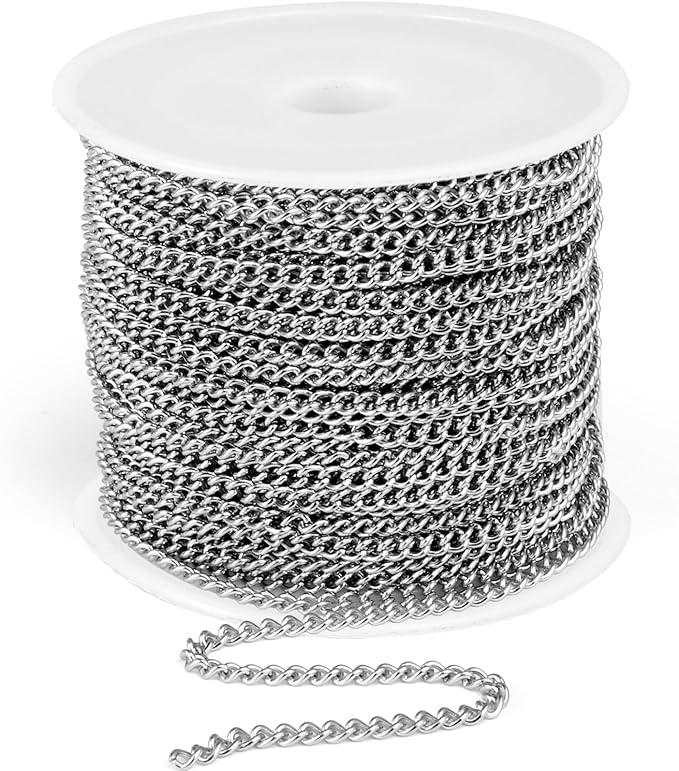 33FT Stainless Steel Curb Chain Roll, 4mm 304 Stainless Steel Flat Twisted Links Curb Chains Bulk Spool for Jewelry Making Necklace DIY Craft