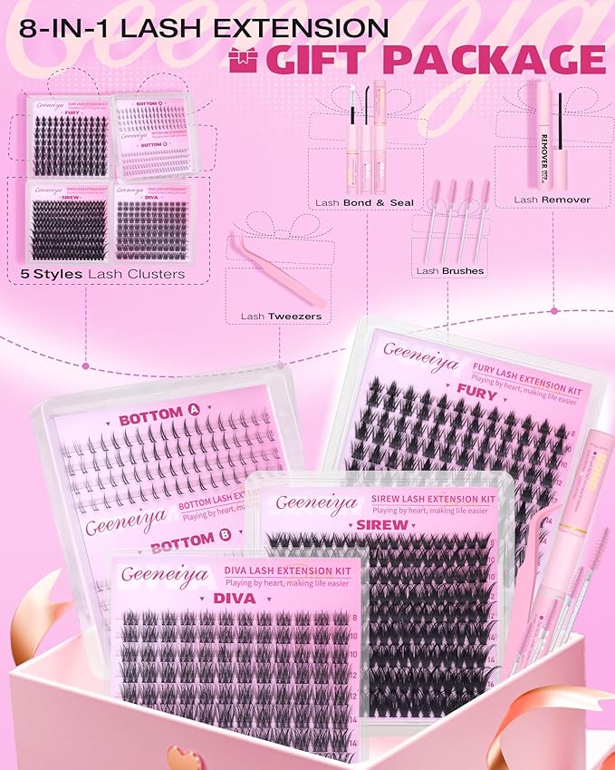 Geeneiya Lash Clusters Kit, 5 Styles Eyelash Clusters Kit, FURY/SIREW/DIVA/Bottom Cluster Eyelash Extensions with Lash Bond and Seal, Remover and Lashes Tools for Beginners, DIY Lash Extension Kit
