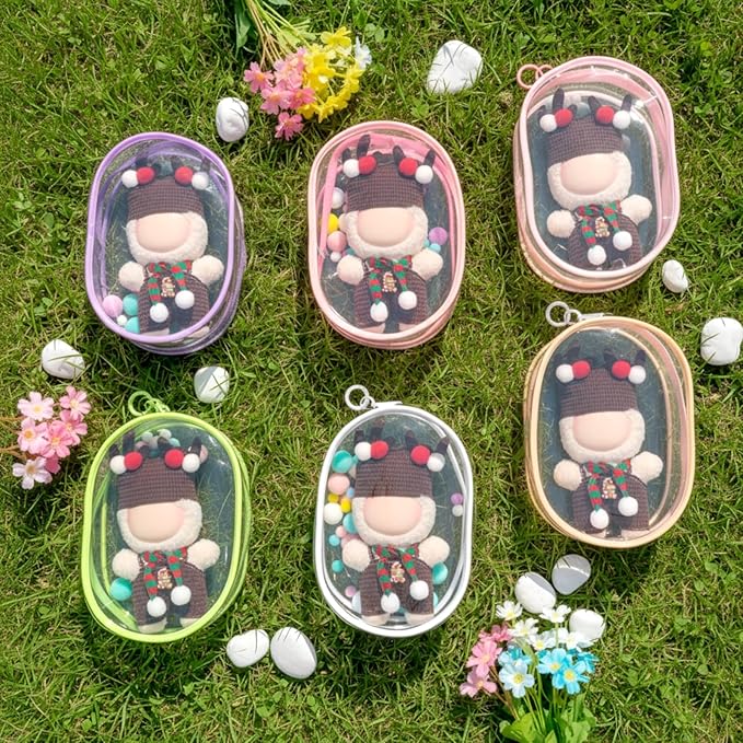 6 Pcs 7 Inch Clear Figure Display Bag with Keychain Large Doll Hanging Blind Box Display Case Clear Keychain Pouch with 2 Pcs Plush Balls for Figures Collectibles, Doll Collector(Mixed Color)