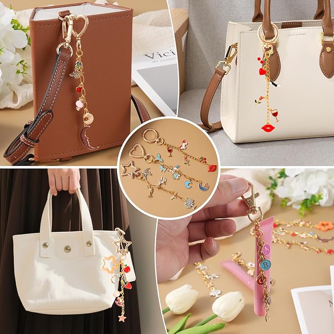 428Pcs Charms Lip Gloss Keychain Making Kit, DIY Bag Charm Kit with 25 Keychain Clips 25 Extender Chain 140 Charms Jewelry Plier & Beading Accessories, Jewelry Making Kit for Custom Keychains Gifts