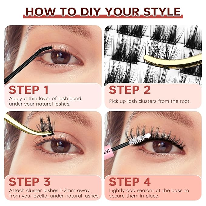 JOLIETIFY Lash Extension Kit, Manga Style, Dense Volume, Soft & Fluffy, Faux Mink 8-18mm Cluster Lashes, Reusable Individual Lashes with Waterproof Bond & Seal, Tweezers & Remover, DIY for Beginners