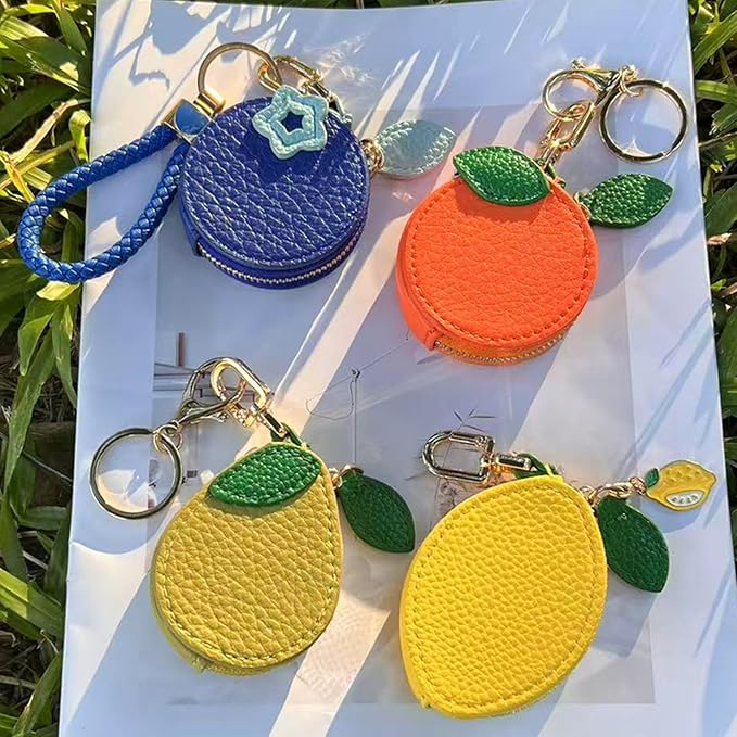 Cute Lemon Fruit Coin Purse Keychain – Mini PU Leather Zipper Pouch Bag Charm with Leaf Accent & Pendant, Kawaii Y2K Purse Charm for Backpack, Handbag & AirTag Holder for Women & Girls