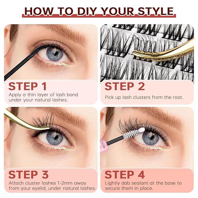 JOLIETIFY Lash Extension Kit, Natural Style, Lightweight Faux Mink 8–14mm Clusters with More Short Clusters, Delicate Wispy Look, Individual Lashes with Waterproof Bond & Seal, Tweezers & Remover
