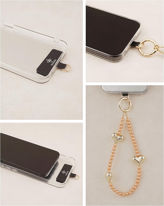 Beaded Phone Wrist Strap for Women Pearl Wristlet Strap Cute Phone Lanyard Golden Heart Shaped Bead Cellphone Chain (Orange)