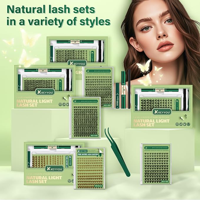 KEYYOU Natural Lash Clusters Kit 144Pcs DIY Lash Extension Kit Wispy Eyelash Extensions Kit D Curl 8-16MIX with Bond and Seal and tweezers with Thin Lash (KIT-N03-Brown-D-8-16MIX)
