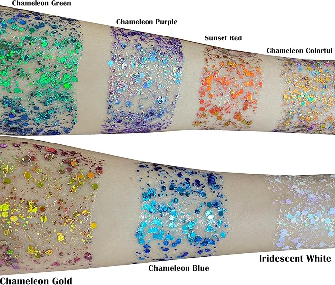 MEICOLY Chameleon Green Face Body Glitter,Christmas Face Glitter Stocking Stuffers,Color Changing Mermaid Face Glitter,Halloween Glitter Face Paint for Face Body Hair,St Patricks Day Accessories