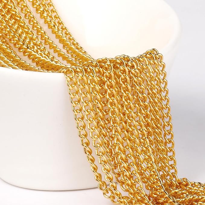 33FT 18K Gold Plated Stainless Steel Curb Chain Roll, 4mm 304 Stainless Steel Flat Twisted Links Curb Chains Bulk Spool for Jewelry Making Necklace DIY Craft