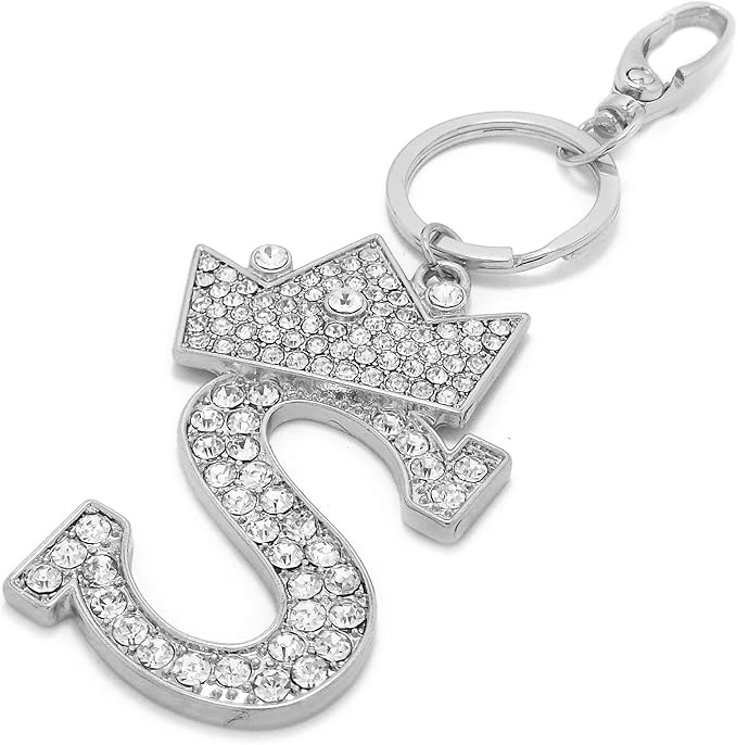 CBC Crown Crystal Rhinestone Letter Initial Keychain, Gold Metal, Bag Charm with Key Ring Approx. 2.17" x 2.56"