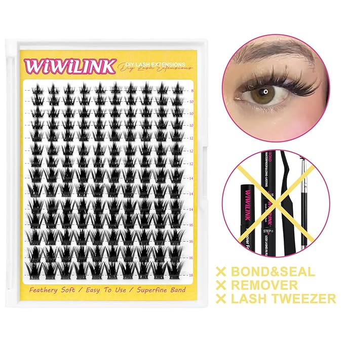 WiWiLINK Wispy Lash Clusters 8-14mm Spike Eyelash Clusters D Curl DIY Lash Extension with Spikes 0.03mm -Thin Band Natural Individual Cluster Eyelashes, California Sunset Short