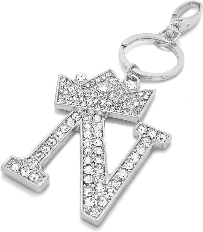 CBC Crown Crystal Rhinestone Letter Initial Keychain, Gold Metal, Bag Charm with Key Ring Approx. 2.17" x 2.56"
