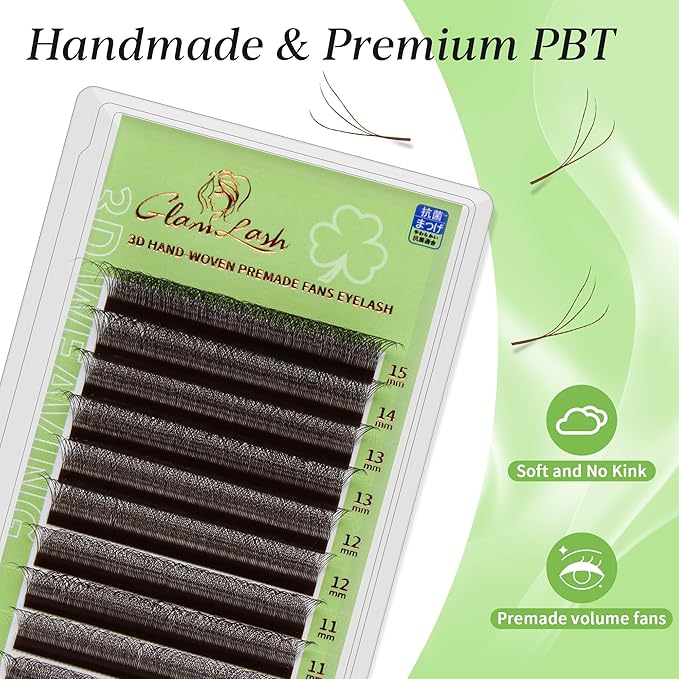 GLAMLASH W Eyelash Extensions 3D Volume Premade Fan Natural Soft Matte Lash Professional Salon Supplies (3D,0.07,D,8-12mm,Brown)