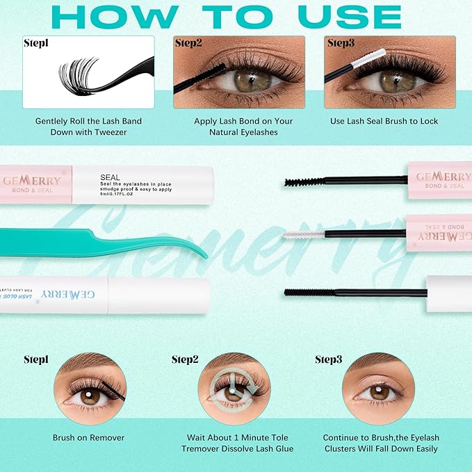 GEMERRY Lashes Clusters Kit Thick Lash Clusters 3 Styles 840Pcs Fluffy Lash Clusters Kit with Waterproof Bond and Seal Remover Tweezers for Beginners(30P+40P+50P)