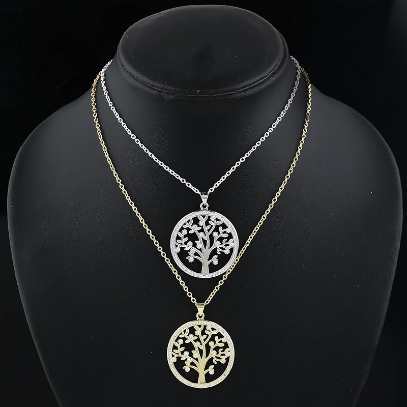 JOR Tree of Life Charm Pendant Necklace, CZ, Men & Women Unisex Jewelry, Dainty Gold & Silver Plated Chain Combo 18 inch (Pack of 2)