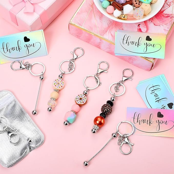 Sasylvia 90 Pcs Beadable Keychain Bars Bulk Making Kit Beaded Keychain Bag Thank You Cards for DIY Keyrings Charms