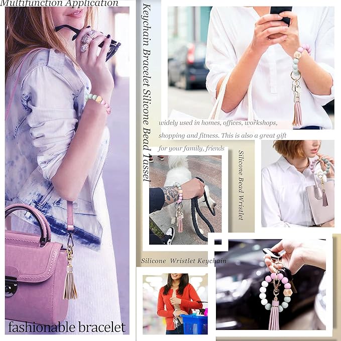 BIHRTC Key Ring Bracelet Car Keychain Holder Wristlet Silicone Women Beaded Bangle Chains