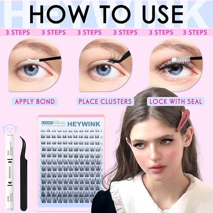 HEYWINK DIY Lash Extension Kit Natural Look Wispy Lash Clusters D Lashes Clusters 8-18mm Eyelash Extension Kit Lash Bond and Seal Lash Tweezers Individual Lashes Lash Cluster Kit For Beginners