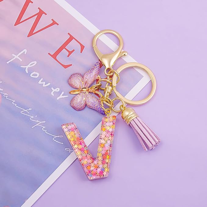 Fashion Alphabet Initial Letter Keychain Tassel Butterfly Pendant Key Ring for Purse Handbags Women Girl
