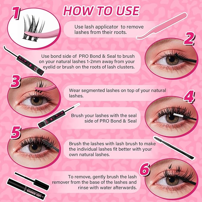 Lash Clusters Kit with Lash Bond and Seal Eyelash Applictor Lash Remover DIY Lash Extension Kit for Beginner Waterproof Resuable Eyelash Extensions at Home (Dewy,8-16mix)