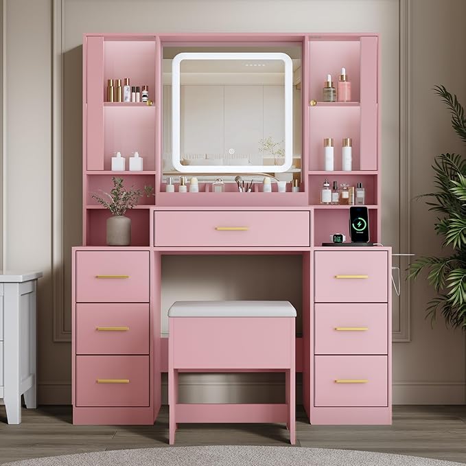 Vanity Desk with Mirror & Lights, Makeup Vanity with Power Strip & Chair, 7 Drawers & 2 Cabinets, Hair Dryer Holder, RGB Cabinet Lighting, 3-Color Dimmable Mirror, and Cushioned Stool