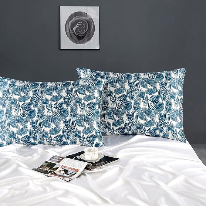 ZIMASILK 100% Pure Mulberry Silk Pillowcase for Hair and Skin Health,Both Sides 19 Momme Silk Floral Print,1pc(Queen 20''x30'',Blue Leaves)