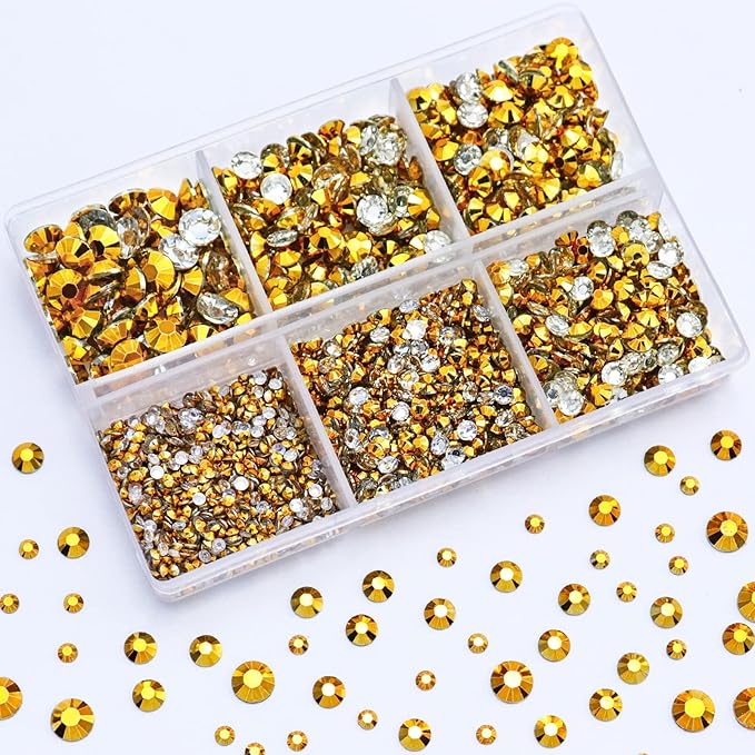 3000PCS Flatback Resin Rhinestone, 2mm 3mm 4mm 5mm 6mm Bright Gold Flatback Jelly Rhinestones for Crafts, Mugs, Bottles, Tumblers, Loose Bling Glitter Diamond Resin Jelly AB Stone