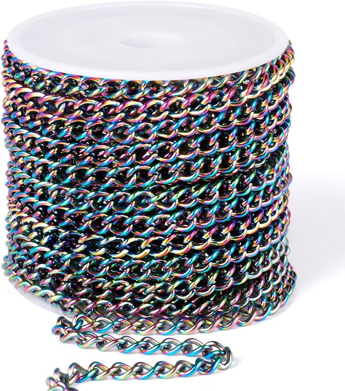 33FT Colorful Stainless Steel Curb Chains Roll, 5mm 304 Stainless Steel Multi Color Flat Twisted Links Curb Chains Bulk Spool for Jewelry Making DIY Craft