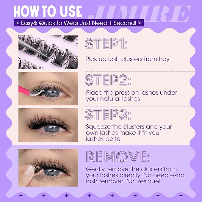 JIMIRE Self Adhesive Eyelashes Manga Lash Clusters Natural Look 10-14MM Wispy Pre Glued Lashes Clusters No Glue Needed D-Curly Natural Cluster Lashes Reusable Invisible Band Press on Lashes