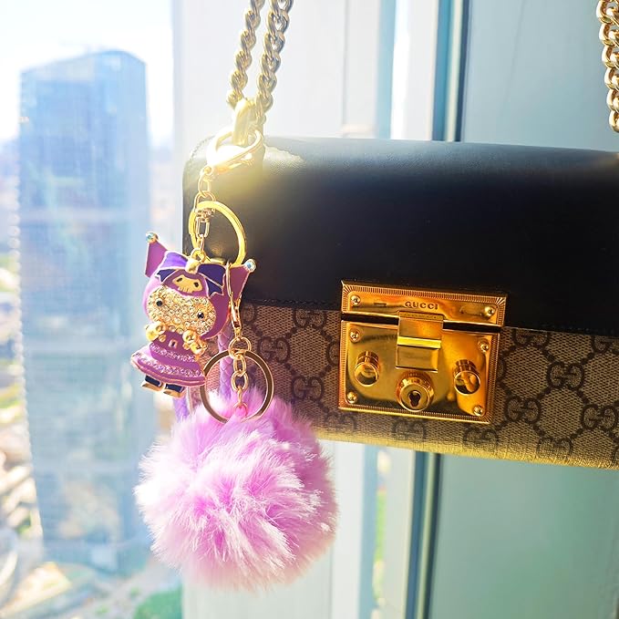 Cute Keychain for Women with Braided Rope, PomPom and Sparkling Rhinestones - Kawaii Charm for Kinds of Bags