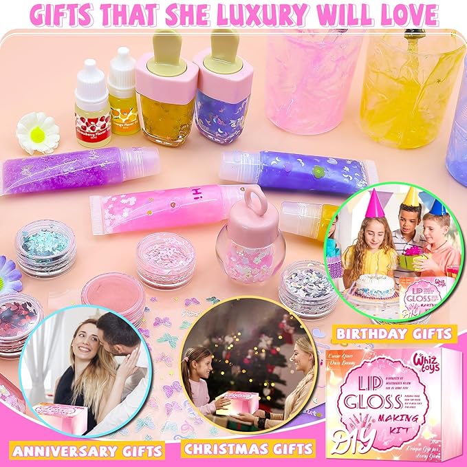 WhizToys DIY Lip Gloss Making Kit 74Pcs Beginner Make Your Own Makeup Kit with Squeeze Empty Tubes,Clear Base,Pigment,Birthday, Christmas Gift for Women
